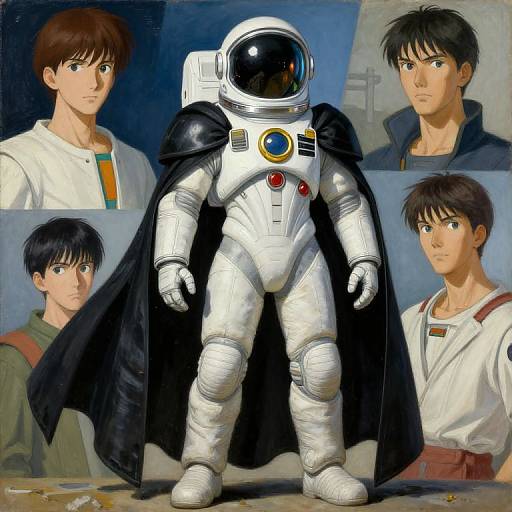 Digital art: Anime-style astronaut in white suit with black cape, reflective helmet, red and blue buttons; four headshots of brown-haired, blue-eyed