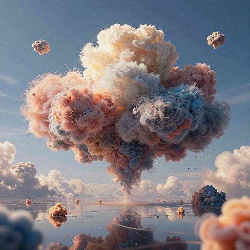 Digital artwork of massive, colorful cloud explosions in a clear blue sky, with smaller floating orbs below, reflecting on a mirror-like surface.