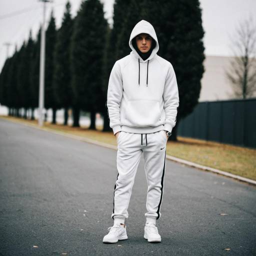 Young Man in White Jogging Suit Outdoors