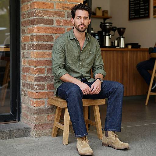 Photograph of a bearded man with short dark hair, wearing a green button-up shirt, dark jeans, and tan boots, sitting on a wooden