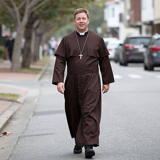 Photograph of a Caucasian male priest with short brown hair, wearing a black cassock and white collar, walking down a suburban street with cars and trees