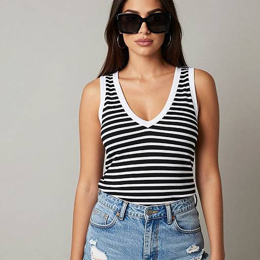 Photograph of a woman with long brown hair, wearing large black sunglasses, a black-and-white striped V-neck tank top, and high-waisted