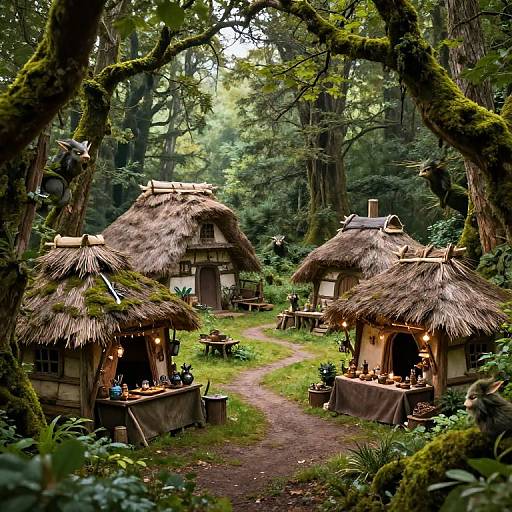 Photograph of a whimsical forest village with thatched-roof huts, surrounded by lush greenery and moss-covered trees, featuring outdoor dining areas