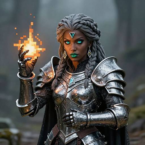 Digital art of a dark-skinned, green-eyed warrior woman with braided silver hair, glowing blue eyes, and silver armor, conjuring fire with