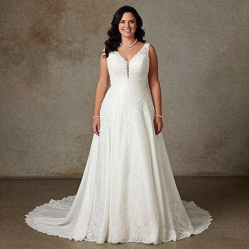 Photograph of a smiling woman with long black hair in a white lace sleeveless wedding dress, standing against a textured gray wall.