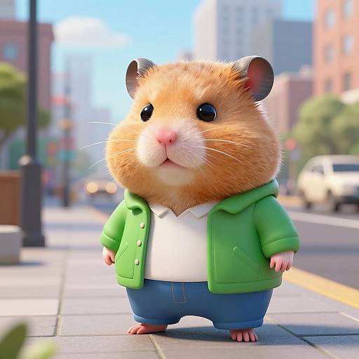 CGI image of an adorable, fluffy hamster wearing a green jacket and blue jeans, standing on a sunny city sidewalk.