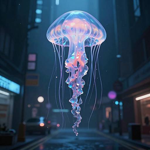 Photorealistic CGI of a glowing, translucent jellyfish floating in a dark, neon-lit urban street at night, with blurred buildings and streetlights