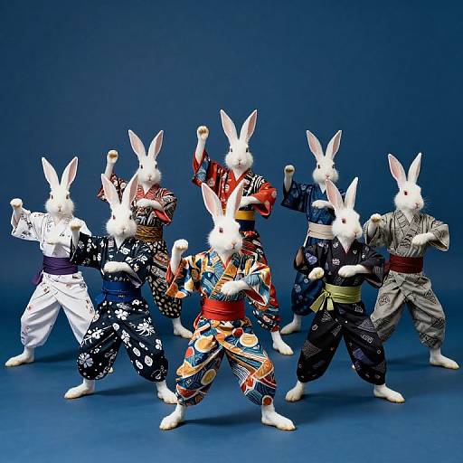 Photograph of six white rabbits in colorful, traditional Japanese kimonos and martial arts stances, posing against a solid blue background.