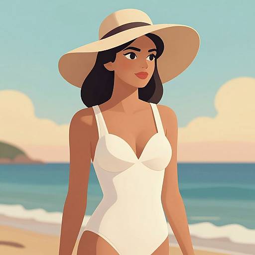 Digital illustration of a beautiful woman with dark hair and tan skin, wearing a white one-piece swimsuit and wide-brimmed sunhat, standing on