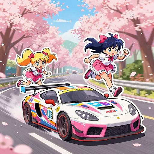 Anime Car Racing Through Cherry Blossoms