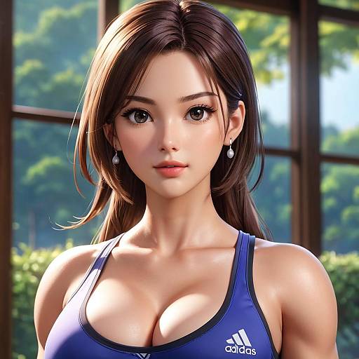 CGI image of a beautiful Asian woman with long brown hair, wearing a blue Adidas sports bra, standing in a sunlit room with trees outside the