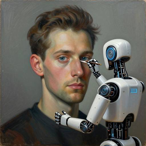 Digital portrait of a young man with brown hair and blue eyes, holding a white robotic head with blue eyes, against a gray background. Realistic style