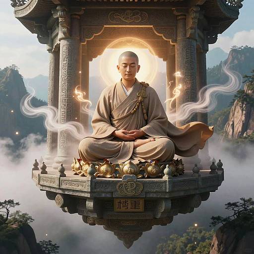 Photorealistic digital artwork of a serene, bald monk meditating on a floating, ornate platform, surrounded by mist, flames, and gold offerings