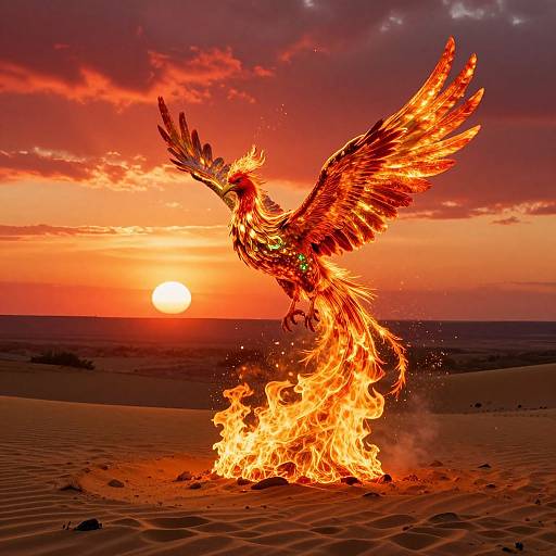Photograph of a fiery phoenix with outstretched wings and blazing feathers rising from the sand at sunset, with a vibrant orange and red sky.