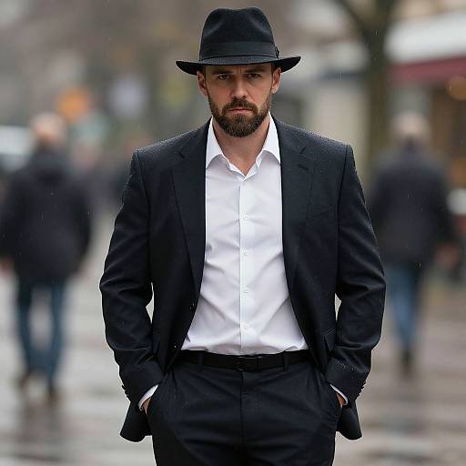 Photograph of a handsome, bearded man in a black suit, white shirt, and black hat, standing confidently on a rainy city street with blurred