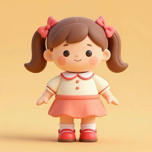 Cute 3D CGI cartoon girl with brown pigtails, red bows, white shirt, pink skirt, red shoes, and yellow background.