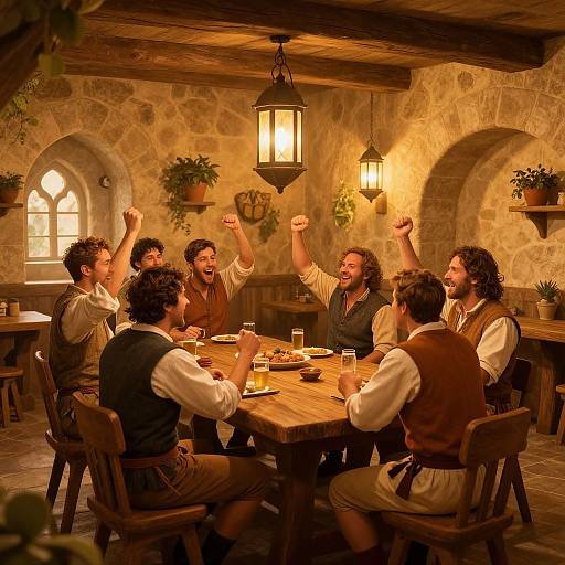 Photograph of six bearded men in medieval attire, joyfully raising arms around a wooden table in a warm, rustic stone tavern. Lanterns and