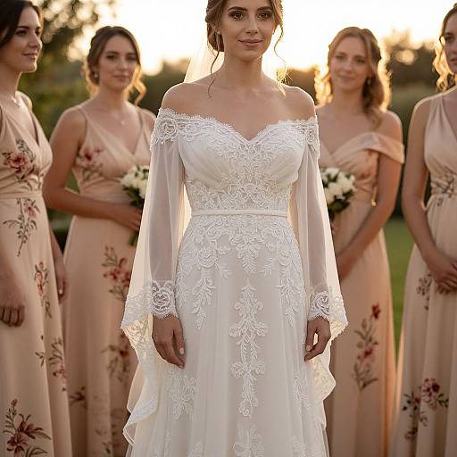 Photograph of a bride in an off-shoulder, lace-white wedding dress, standing in front of four bridesmaids in floral, peach dresses,