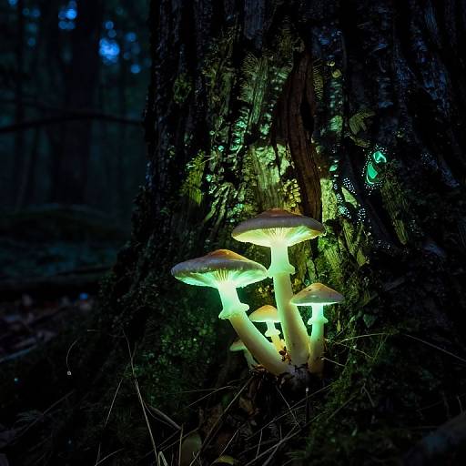 Photograph of glowing mushrooms in a dark forest, illuminated by green light, with blurred blue and green background foliage.
