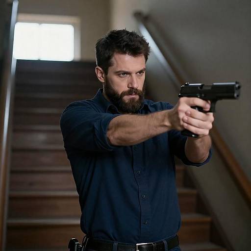 Bearded Man Aiming Handgun in Staircase