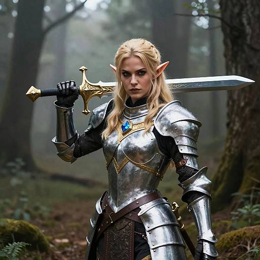 Digital art of a blonde, elven woman in silver armor with a blue gem, holding a sword in a misty forest.
