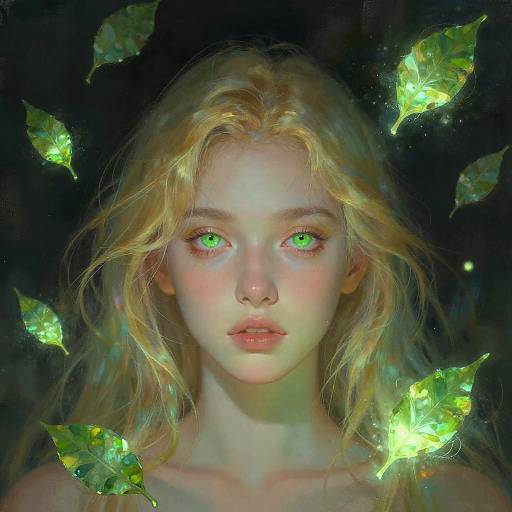 Surreal Blonde Portrait with Green Leaves