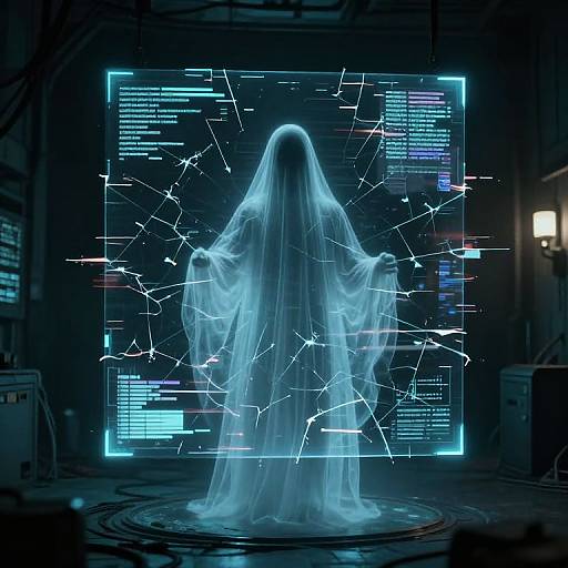 Digital CGI image of a glowing, translucent, ghost-like figure with outstretched arms, standing in front of a blue, glitchy, digital grid