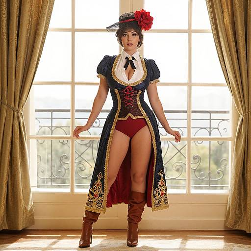 Photograph of a woman in a Victorian-style outfit: navy blue dress with gold trim, red corset, red panties, brown boots, and a
