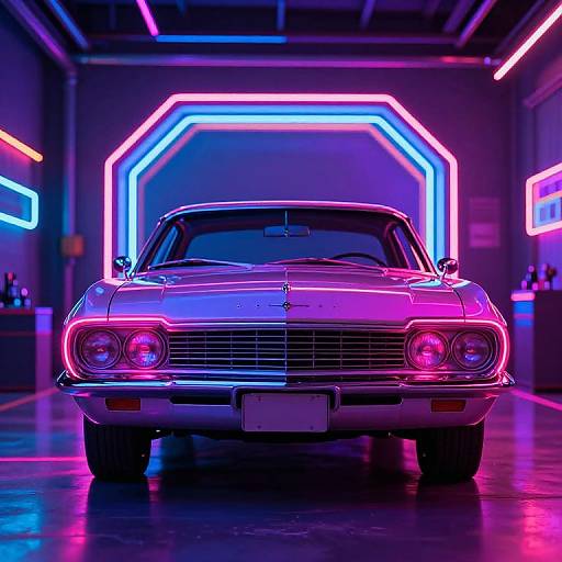 Neon-lit photograph of a vintage silver muscle car with glowing pink and blue lights, centered in a modern, futuristic garage.