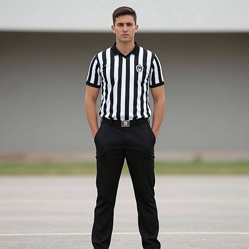 Photograph of a young, fit male referee with short dark hair, standing confidently in black-and-white striped shirt and black pants, hands in pockets,
