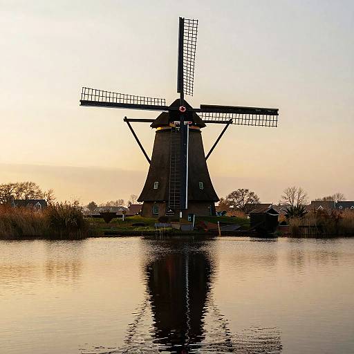 Rustic Dutch Windmill at Sunset