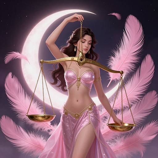 Digital art of a fair-skinned woman with long black hair, wearing pink, feather-adorned lingerie, balancing scales, under a glowing crescent