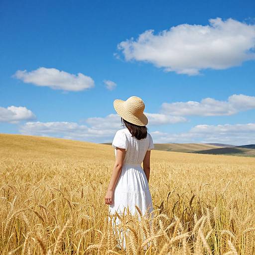 Photograph of a woman with dark hair in a white dress and straw hat, standing in a golden wheat field under a bright blue sky with white clouds