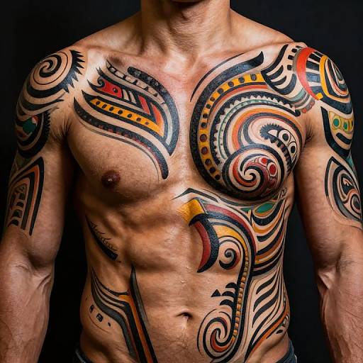 Photograph of a muscular, tan-skinned man with elaborate, colorful tribal tattoos covering his chest, shoulders, and upper arms, set against a black