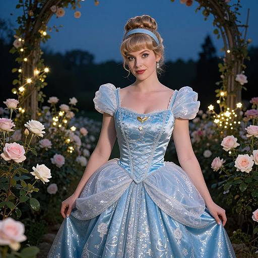 Photograph of a fair-skinned woman with blonde updo, wearing a blue, glittery, princess-style ball gown with puffed sleeves, standing