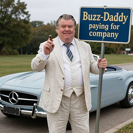 Photograph of a middle-aged white man in a cream suit, holding a cigar, standing by a 
