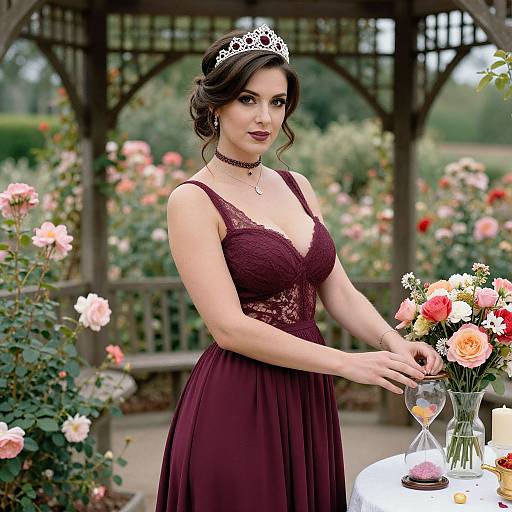Photograph of a fair-skinned brunette woman with wavy hair, wearing a lace deep-pleated maroon dress, silver tiara, and