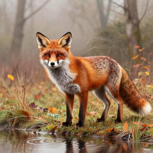Red Fox by Misty Autumn Forest Pond