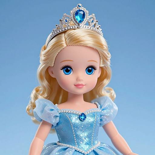 Photograph of a blonde-haired Barbie doll with blue eyes, wearing a silver tiara, blue glittery princess dress, and light blue puffed sleeves