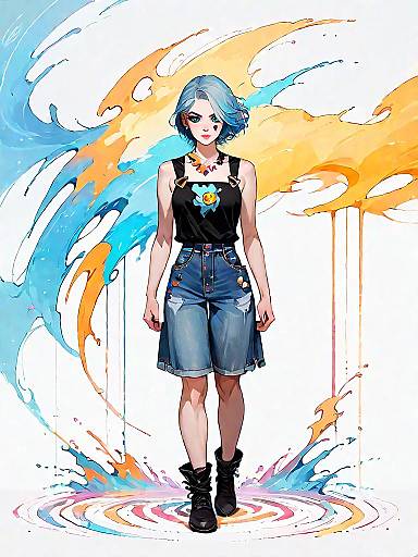 Young Woman in Denim Pinafore Dress with Color Splash Art