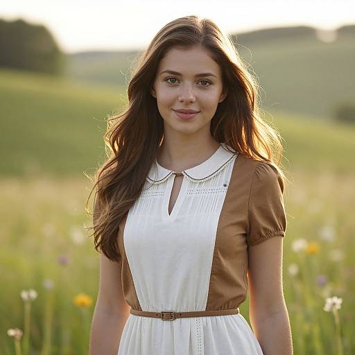 Photograph of a young woman with long brown hair, wearing a white dress with brown sleeves, standing in a sunny meadow.