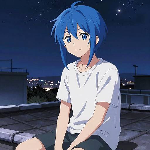 Anime-style digital drawing of a blue-haired, blue-eyed boy with a white t-shirt and black shorts, sitting on a rooftop at night, with a