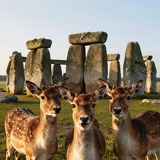 Photograph of three deer with spotted fur standing in front of ancient stone megaliths on a grassy field under a clear blue sky.