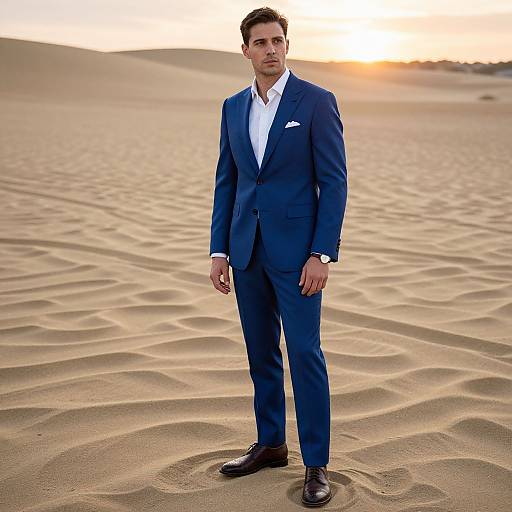 Photograph of a handsome man in a blue suit, white shirt, and black shoes standing in a sandy desert at sunset.