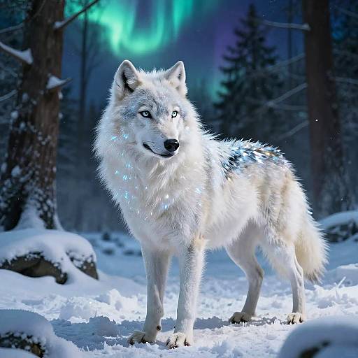 Photorealistic digital art of a white wolf with glowing blue light accents standing in a snow-covered forest under the Northern Lights.