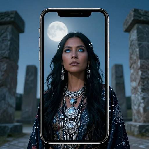Digital artwork of a woman with blue eyes, long black hair, wearing intricate silver jewelry and a star-patterned black robe, framed by a smartphone screen
