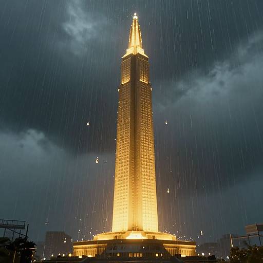 Photograph of a towering, illuminated skyscraper in the rain at night, with dramatic, rain-laden dark clouds and bright golden lights accentuating its