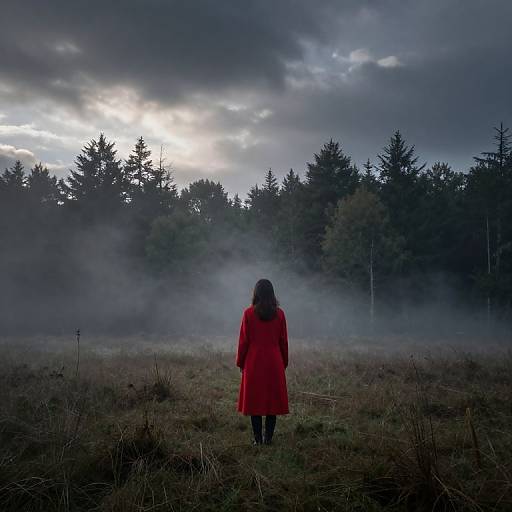 Photograph of a woman in a bright red coat standing alone in a misty, dark forest, facing a cloudy, moonlit sky.