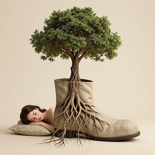 Photograph of a sleeping woman with closed eyes, resting on a pillow, inside a beige boot with a growing tree sprouting from it, white background