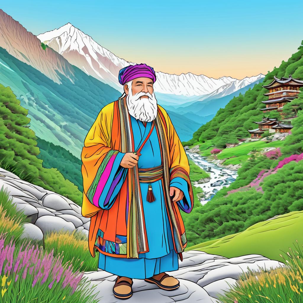 Serene Old Sage in Vibrant Mountain Scene